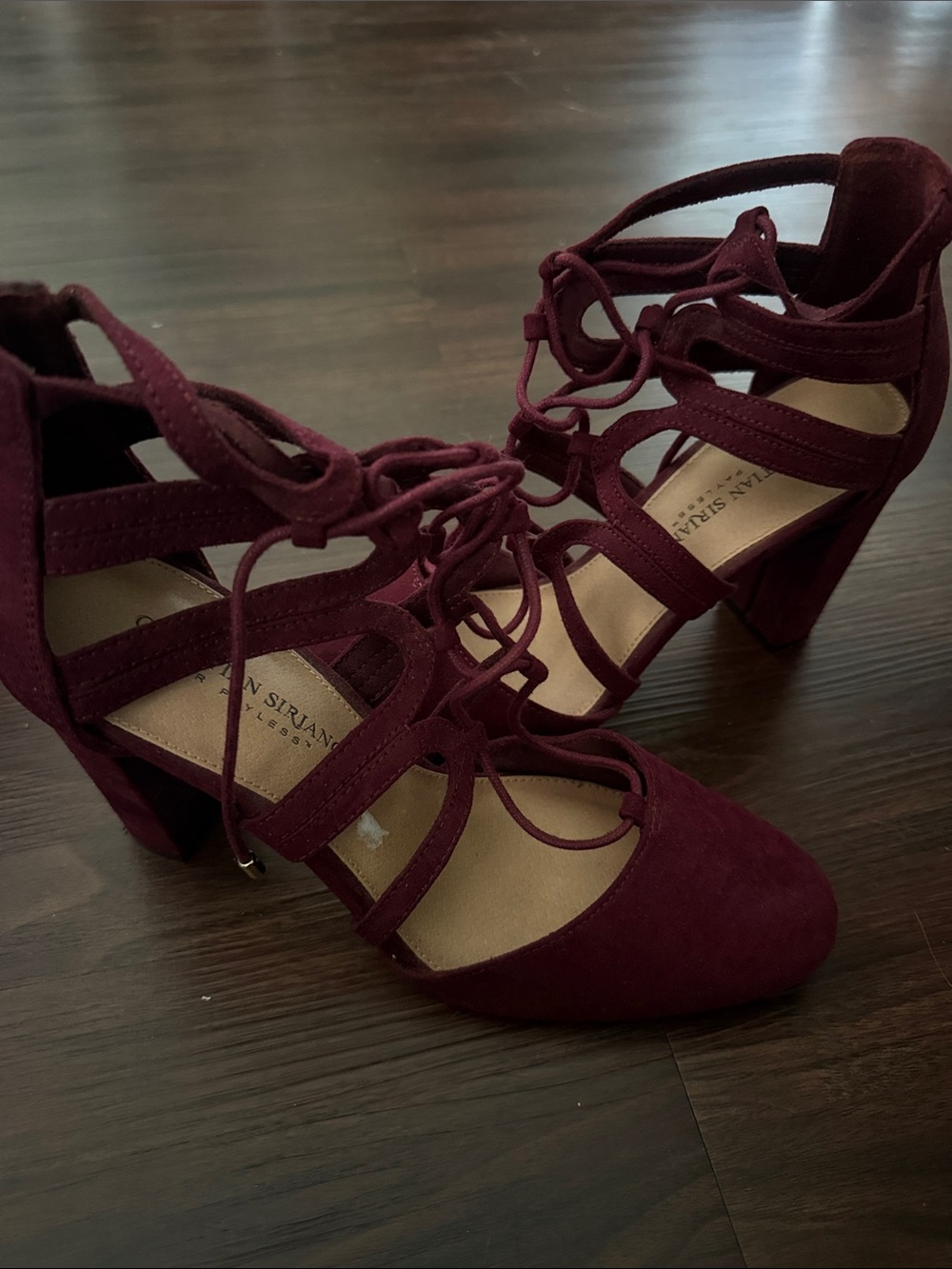 Christian Siriano Burgundy Lace-Up Block Heel Pumps